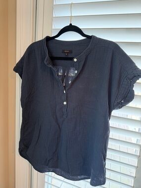 Quince Navy Short-Sleeve Gauze Henley Blouse
